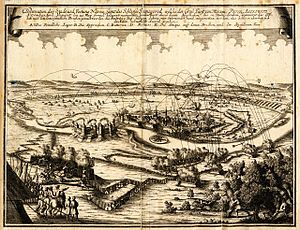 Kupferstich der Belagerung der Festung Narwa durch russische Truppen